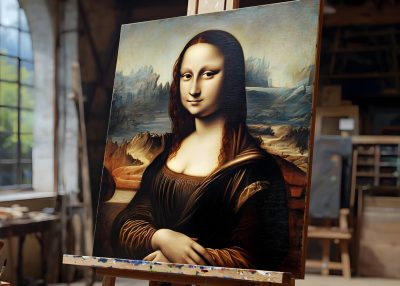 Mona Lisa portrait, oil on canvas, displayed on easel in art studio, featuring serene woman with enigmatic smile, landscape background, rich color palette, and visible brushstrokes