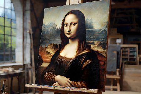 Mona Lisa portrait, oil on canvas, displayed on easel in art studio, featuring serene woman with enigmatic smile, landscape background, rich color palette, and visible brushstrokes