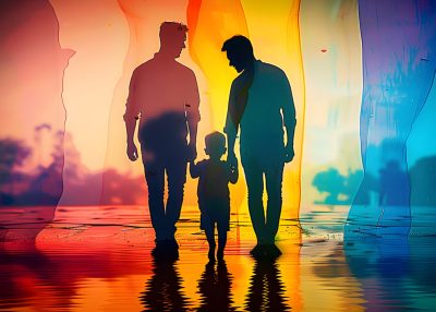 Silhouettes of a family with pride colors, representing LGBT parenting and diversity, suitable for events like Father's Day.
