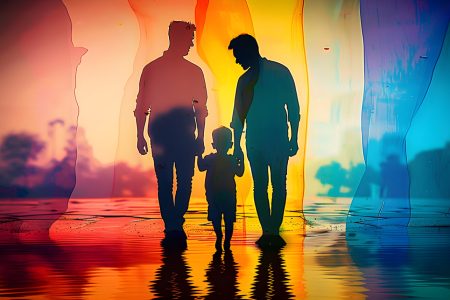 Silhouettes of a family with pride colors, representing LGBT parenting and diversity, suitable for events like Father's Day.